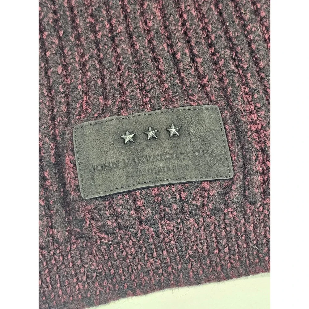 John Varvatos USA Scarf Mens OS Burgundy Merino Wool Ribbed Knit Leather Patch
